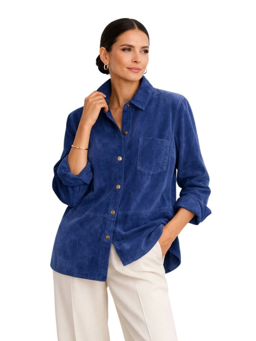 Blue Suede Leather Shirt Jacket 1X Snap Button Front Pocket Long Sleeves Luxury